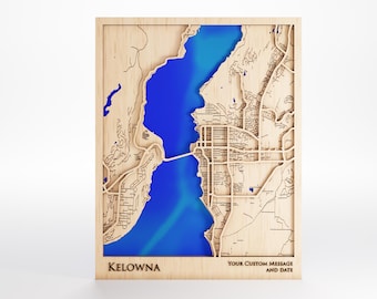 Kelowna Wood Map - Custom Message - Laser Cut - Includes Frame
