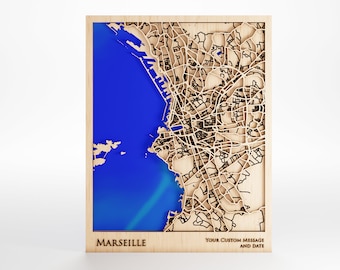 Marseille Wood Map – Laser Cut 3D City Art with Custom Message, Framed