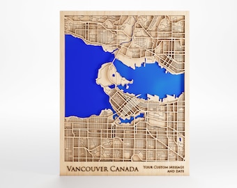 Canada Vancouver Wood Map - Custom Message - Premium Wood - Laser Cut - Includes Frame