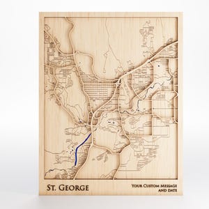 St George Wood Map - Custom Message - Premium Wood - Laser Cut - Includes Frame