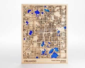 Orlando Wood Map Art – Laser Cut Cityscape with Custom Message