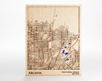 Arcadia Wood Map - Custom Message - Premium Wood - Laser Cut - Includes Frame