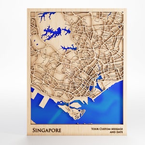 Houten kaart Singapore - aangepaste boodschap - premium hout - lasergesneden - inclusief lijst