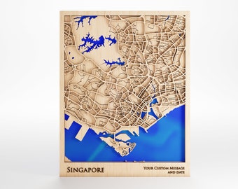 Singapore Wood Map - Custom Message - Premium Wood - Laser Cut - Includes Frame