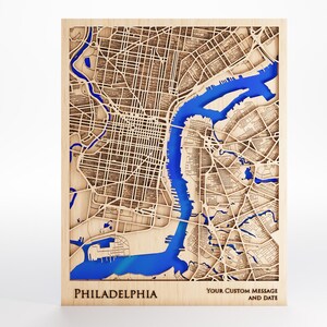 Philadelphia Wood Map - Custom Message - Premium Wood - Laser Cut - Includes Frame
