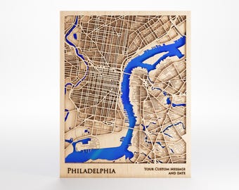 Philadelphia Holz Karte - Benutzerdefinierte Nachricht - Premium Holz - Laser geschnitten - inklusive Rahmen
