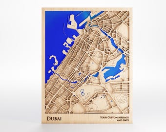 Dubai Wood Map - Custom Message - Premium Wood - Laser Cut - Includes Frame