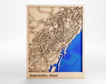 Spain Barcelona Wood Map - Custom Message - Premium Wood - Laser Cut - Includes Frame