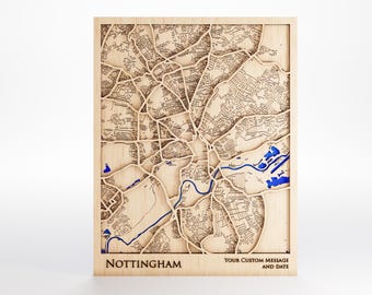 Nottingham Wood Map - Custom Message - Laser Cut - Includes Frame