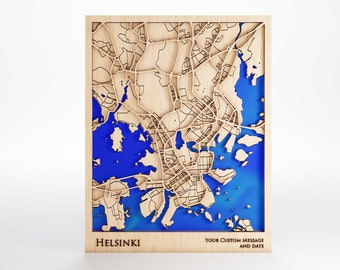 Helsinki Finland Wood Map - Custom Message - Laser Cut - Includes Frame