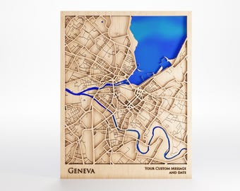Geneva Wood Map - Custom Message - Laser Cut - Includes Frame