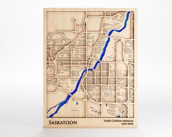 Mapa de madera de Saskatoon - Mensaje personalizado - Corte láser - Incluye marco