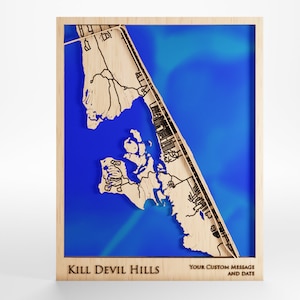 Kill Devil Hills Holz Karte - Benutzerdefinierte Nachricht - Premium Holz - Laser geschnitten - inklusive Rahmen