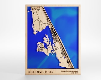 Kill Devil Hills Wood Map – Custom Engraved, Framed Laser Cut Art (11x14)