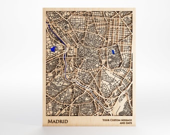 Madrid Spain Wood Map - Custom Message - Premium Wood - Laser Cut - Includes Frame