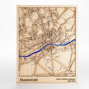 Frankfurt Wood Map - Custom Message - Laser Cut - Includes Frame