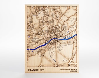 Frankfurt Wood Map - Custom Message - Laser Cut - Includes Frame