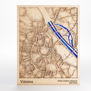 Wien Holz Karte - Benutzerdefinierte Nachricht - Premium Holz - Laser geschnitten - inklusive Rahmen