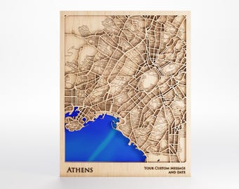 Athens Wood Map - Custom Message - Premium Wood - Laser Cut - Includes Frame