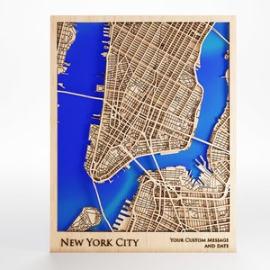Carte en bois de Manhattan (New York City) - message personnalisé - bois de qualité supérieure - découpé au laser - cadre inclus