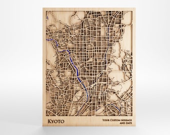 Kyoto Wood Map - Custom Message - Premium Wood - Laser Cut - Includes Frame