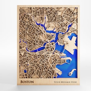 Carte en bois de Boston - Message personnalisé - Bois de qualité supérieure - Découpée au laser - Cadre inclus