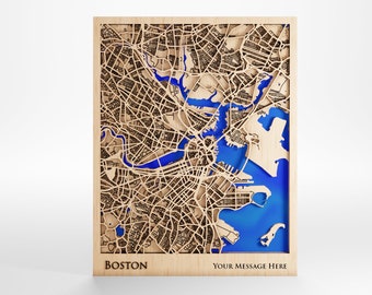 Boston Wood Map - Custom Message - Premium Wood - Laser Cut - Includes Frame