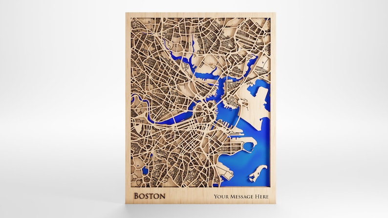 Boston Holz Karte Benutzerdefinierte Nachricht Premium Holz Laser geschnitten inklusive Rahmen Bild 1