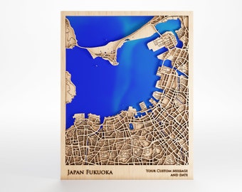 Japan Fukuoka Wood Map - Custom Message - Premium Wood - Laser Cut - Includes Frame