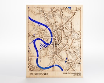 Düsseldorf Wood Map - Custom Message - Laser Cut - Includes Frame