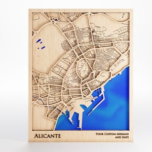 Houten kaart Alicante - aangepast bericht - lasergesneden - inclusief lijst