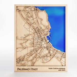Palermo Italien Holz Karte - Benutzerdefinierte Nachricht - Premium Holz - Laser geschnitten - inklusive Rahmen
