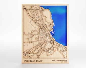 Palermo Italy Wood Map – Laser Cut, Personalized Gift (Includes Frame)