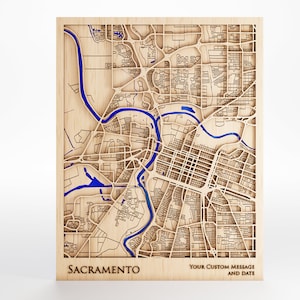 Mapa de madera de Sacramento - Mensaje personalizado - Corte láser - Incluye marco