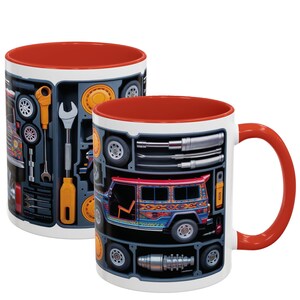 May include: White ceramic mug with a red interior and handle. The mug features a design of a jeepney with tools and car parts. The jeepney is decorated with colorful patterns. The mug is a unique gift for car enthusiasts.