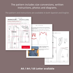 May include: A collection of sewing pattern instructions, photos, and diagrams. The pattern includes size conversions and is available in both Spanish and English. The text "A0 / A4 / US Letter available" is at the bottom.