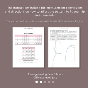 May include: A sewing pattern with instructions and a size chart. The instructions include measurement conversions and directions to adjust the pattern. The pattern is available in both Spanish and English. The average sewing time is 3 hours, with an easy difficulty level.