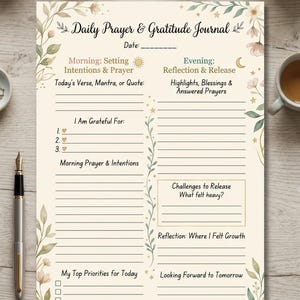 Könnte beinhalten: Ein tägliches Gebets- und Dankbarkeitsjournal mit floralen Akzenten. Das Journal enthält Abschnitte für Morgenabsichten, Dankbarkeit, Abendreflexion und Prioritäten. Der Text enthält "Daily Prayer & Gratitude Journal" und Aufforderungen zur Reflexion.