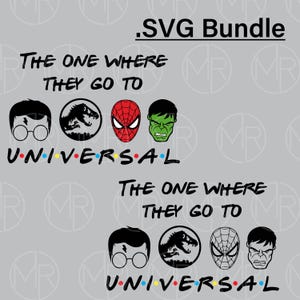 May include: A digital graphic file labeled .SVG Bundle featuring two rows of text and icons. The text reads The one where they go to U.N.I.V.E.R.S.A.L. with colorful dots between letters. Icons include a boy with glasses, a dinosaur, Spider-Man, and Hulk.