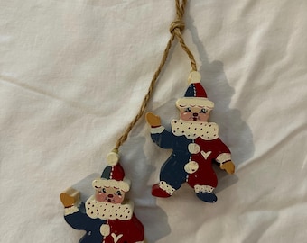 Adorno navideño de payaso vintage, de madera pintado a mano