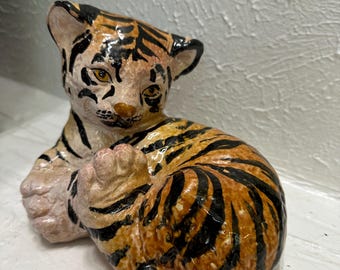Cachorro de tigre de cerámica esmaltada italiana de mediados de siglo, vintage alrededor de 1970