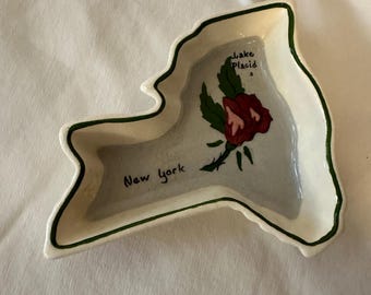 Plato de porcelana pintado a mano Annie Laura vintage, Nueva York, detalle de Lake Placid/Rose