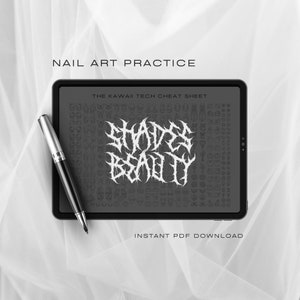 Pode incluir: Um tablet digital exibindo uma folha de dicas em preto e branco para praticar a arte das unhas. A folha de dicas é intitulada "The Kawaii Tech Cheat Sheet" e apresenta o texto "Shades of Beauty" em uma fonte estilizada. O tablet está sobre uma superfície branca.