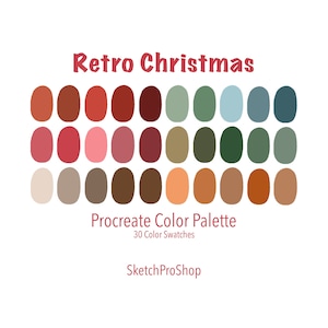 May include: A digital color palette with 30 color swatches in a retro Christmas theme. The colors include shades of red, green, brown, beige, and blue. The palette is labeled "Procreate Color Palette" and "SketchProShop".