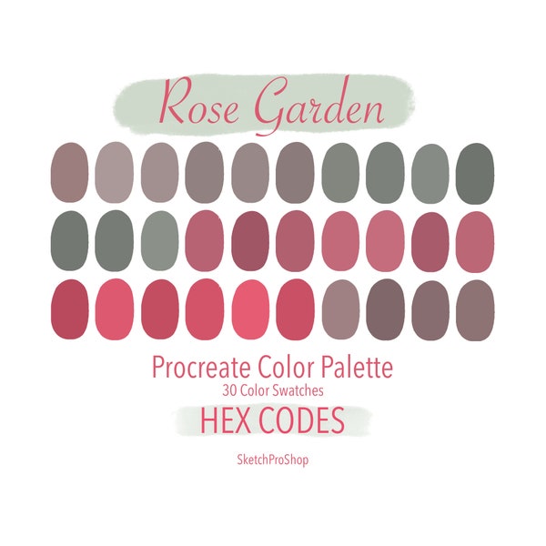 Rose Garden Procreate Color Palette, Hex Codes, Soft Pastel Cute Bright, Creative Drawing 30 Color Swatches, Digital Download