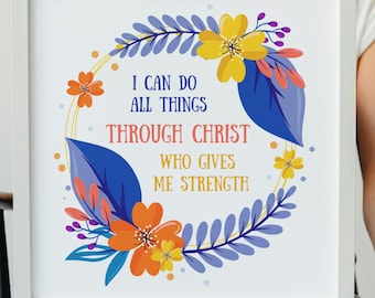 Philippians 4:13 Floral Wreath Print | Christian Scripture Art (Digital Download)