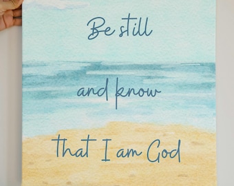 Be Still and Know That I Am God Digital Print – Psalm 46:10 Bible Verse Wall Art, Christian Watercolor Beach Scene, Scripture Printable