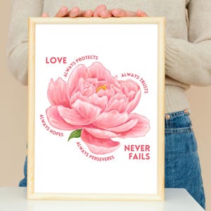 Love Never Fails Wandkunst - 1 Korinther 13 Digitaldruck, christliches Blumenschrift Poster, Bibelvers druckbar