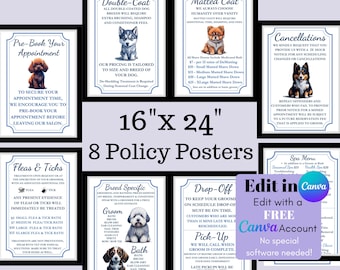 Puede incluir: Ocho carteles de política de 16x24 pulgadas para una peluquería canina. Los carteles están impresos en papel blanco con texto azul y blanco e imágenes de perros. Los carteles cubren temas como la reserva previa de citas, el aseo de perros de doble capa y capa enmarañada, pulgas y garrapatas, el aseo específico de la raza, los procedimientos de entrega y recogida, las cancelaciones y los servicios de spa.