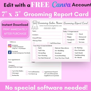 Boleta de calificaciones de peluquería canina en rosa, formularios de peluquería canina, plantillas comerciales de peluquería canina, descarga digital instantánea personalizable - Canva